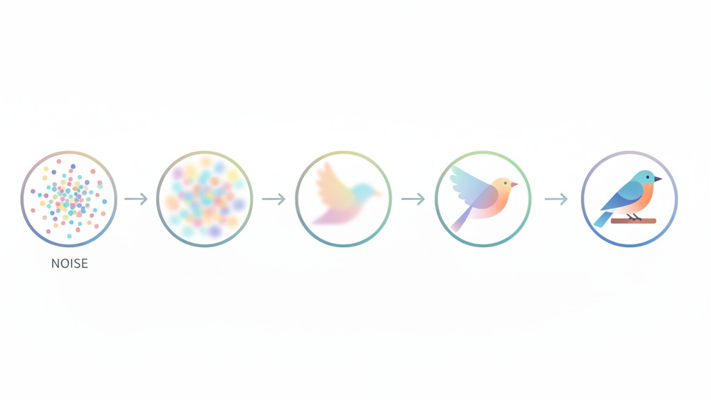 Diagram of the basic principle of diffusion models, showing recovery of an image from noise. Generated by [Google Nano Banana (gemini-2.5-flash-image-preview)](https://www.nano-banana.ai/)